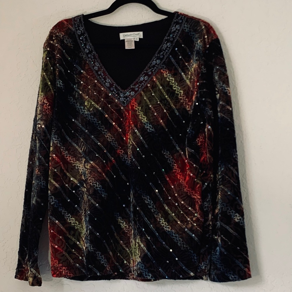 Coldwater Creek‎ Velvet Top 2X Black Colorful Sequin Whimsigoth Fairy Grunge Y2K